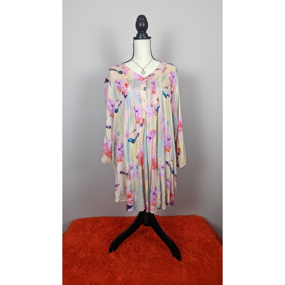 Melissa McCarthy Seven7 Yellow Pink Long Sleeve Floral Watercolor Tunic Top 1X